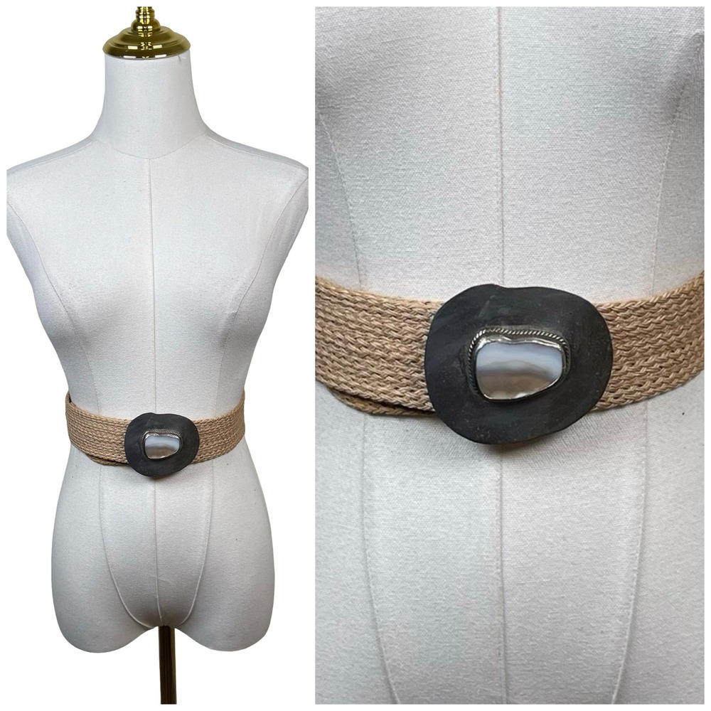 Woven Straw Agate Stone Buckle Belt Women Tan Brown Boho Southwestern Rodeo